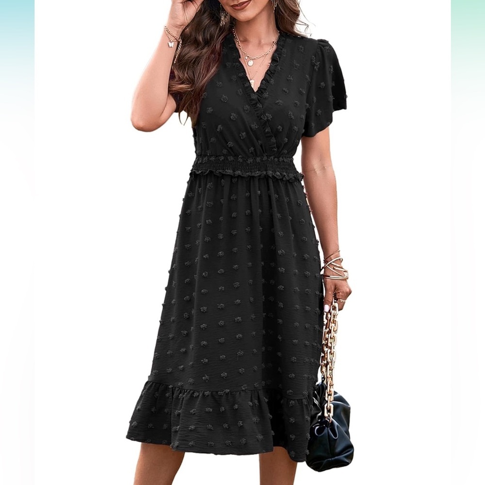 Women Short Sleeve V Neck Swiss Dot Midi Summer Dresses Boho NWOT Size S - Picture 1 of 3